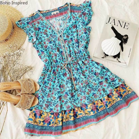 bohemian floral print v neck ruffle purple dress - Picture 15 of 16